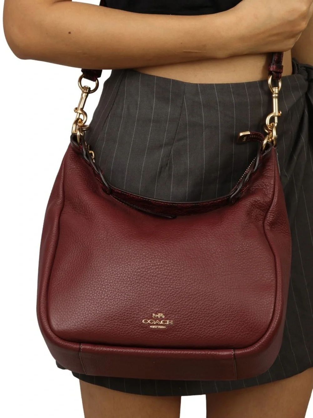 Coach Jules Hobo Burgundy Pebbled Leather Hobo Bag with Snake Embossed Trim